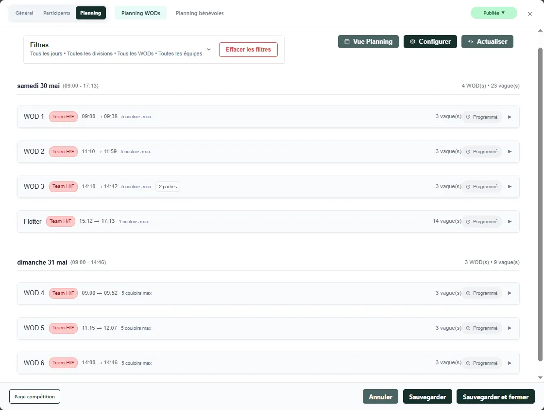 Planning live administrateur CrossCompet