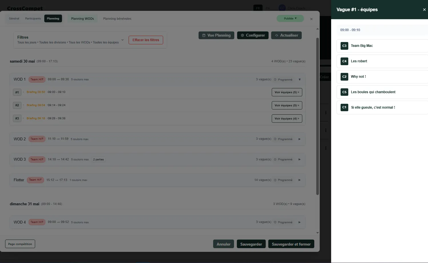 Vue Gantt du planning CrossCompet