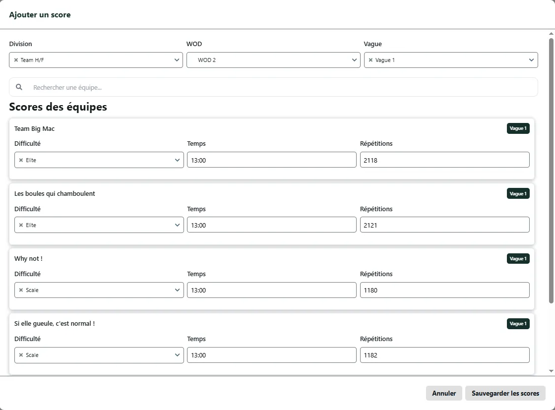 Saisie des scores par vague