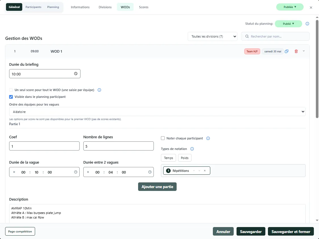 Programmation des WODs CrossCompet