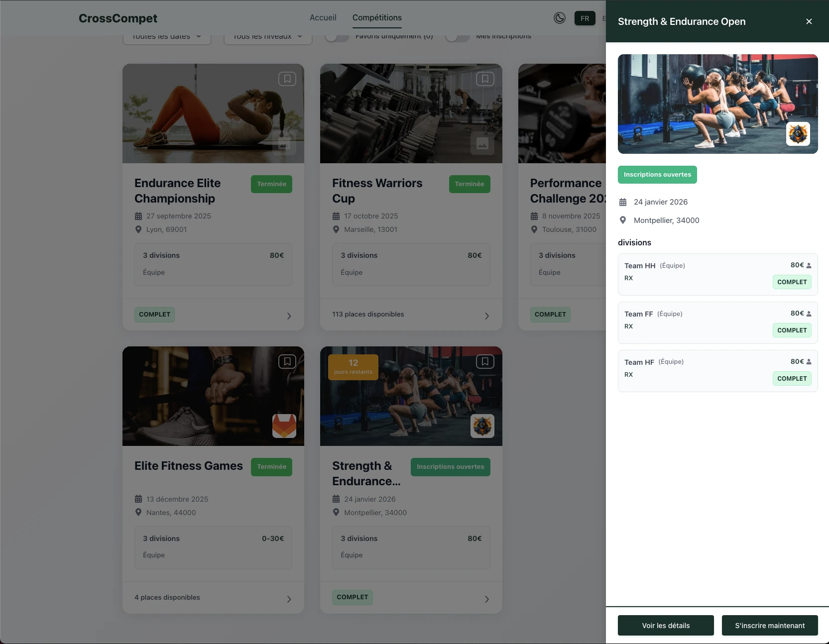 Panneau latéral de contrôle live CrossCompet