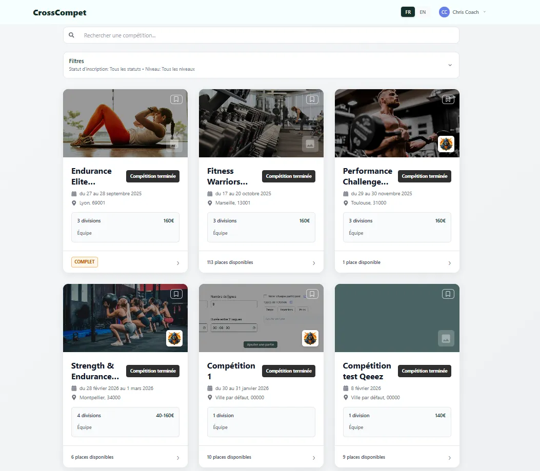 Listing des compétitions CrossCompet