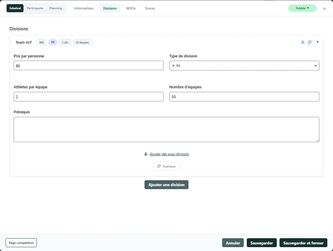 Gestion des divisions et catégories CrossCompet