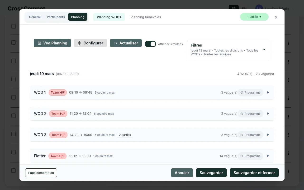 Planning live administrateur CrossCompet