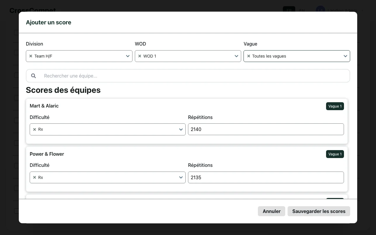Saisie des scores par vague