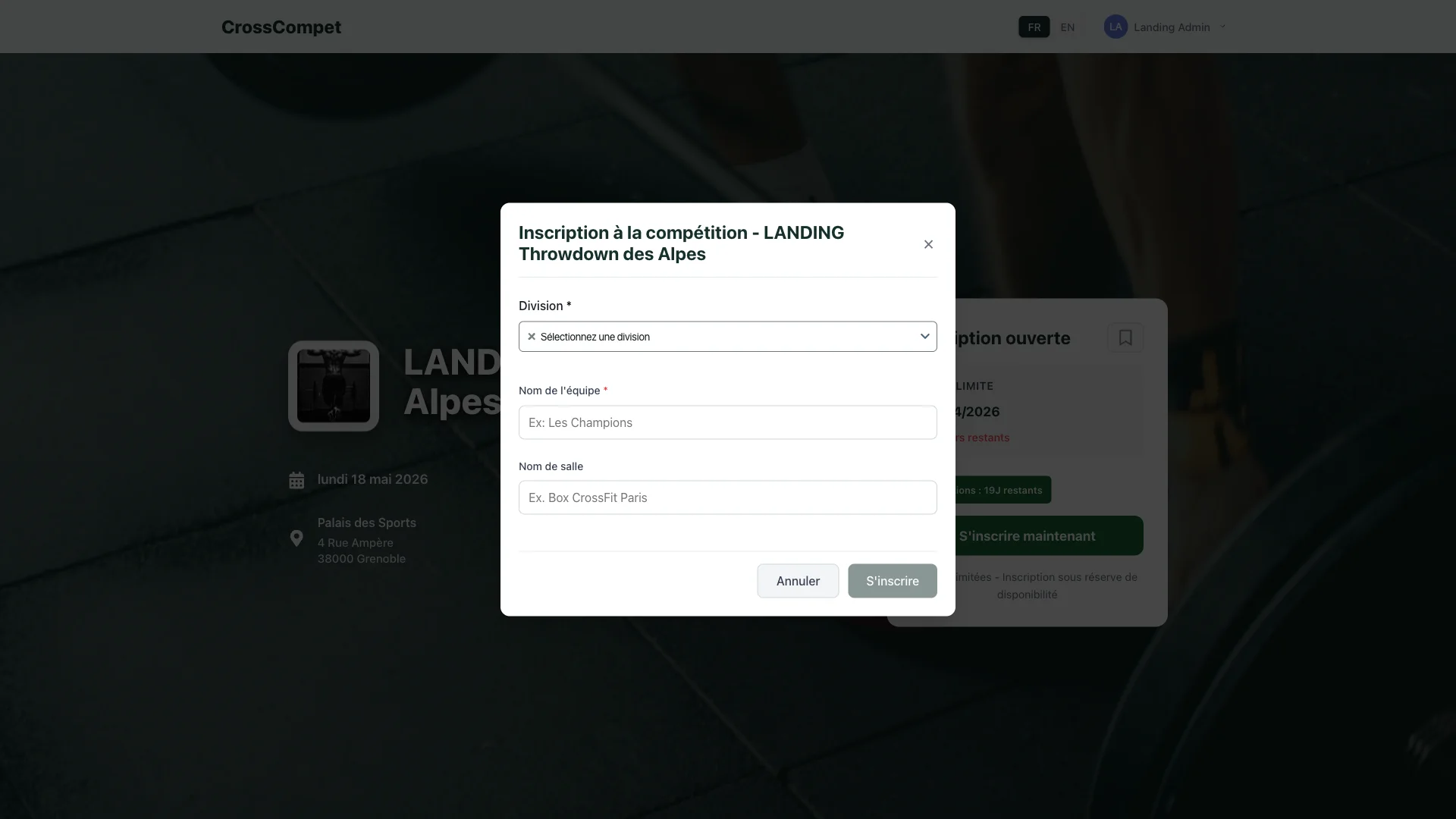 Panneau latéral de contrôle live CrossCompet